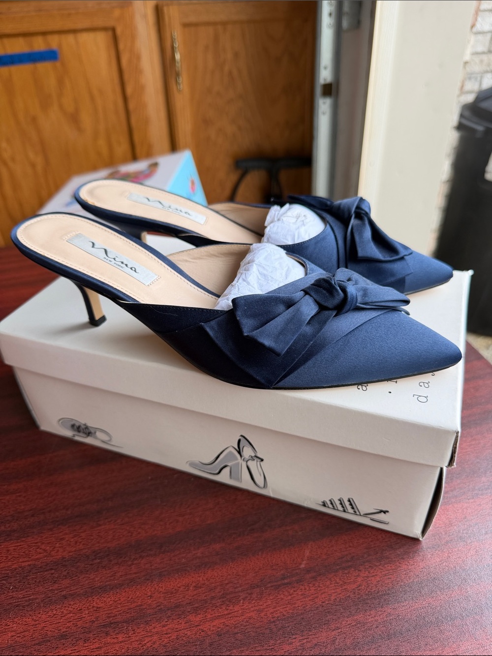 Nina New York Navy Satin Bow Pointed-Toe Kitten Heel Mules